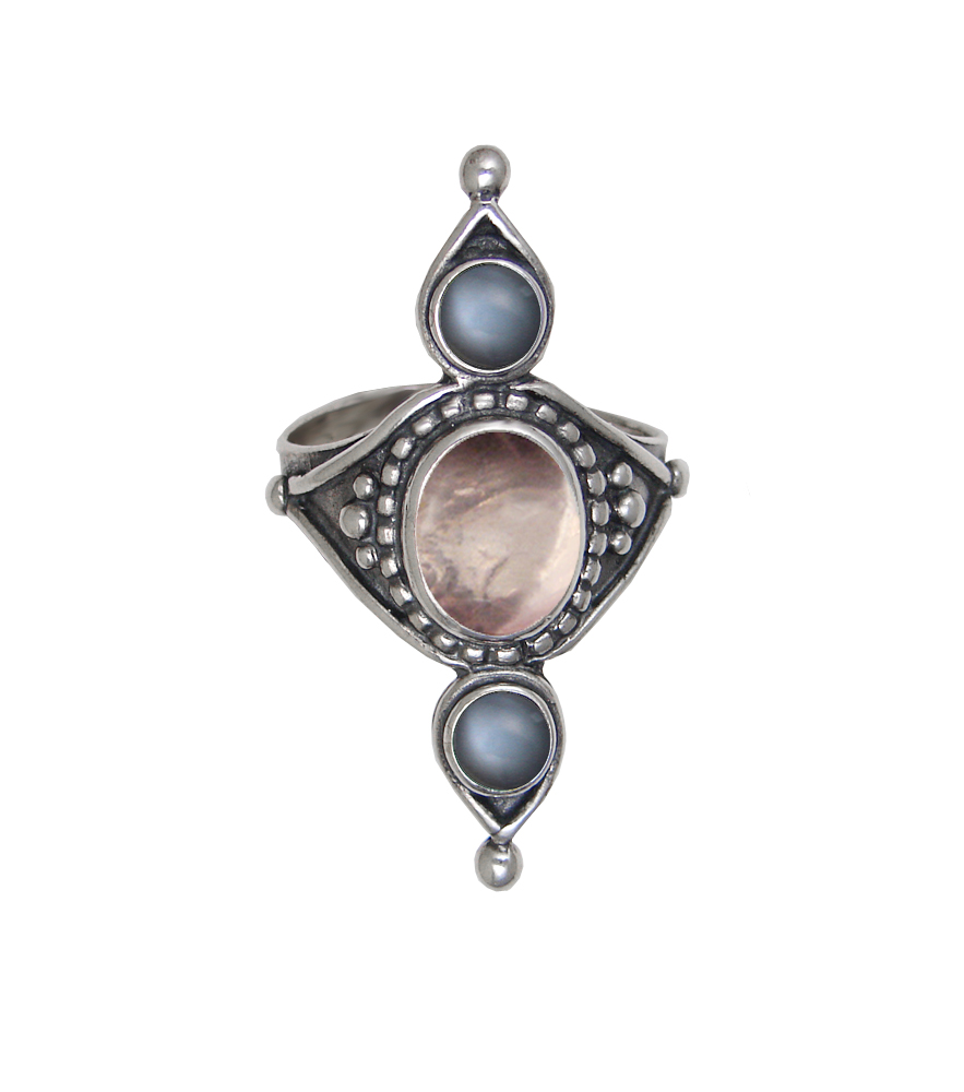 Sterling Silver Royal Ring With Rose Quartz And Grey Moonstone Size 10